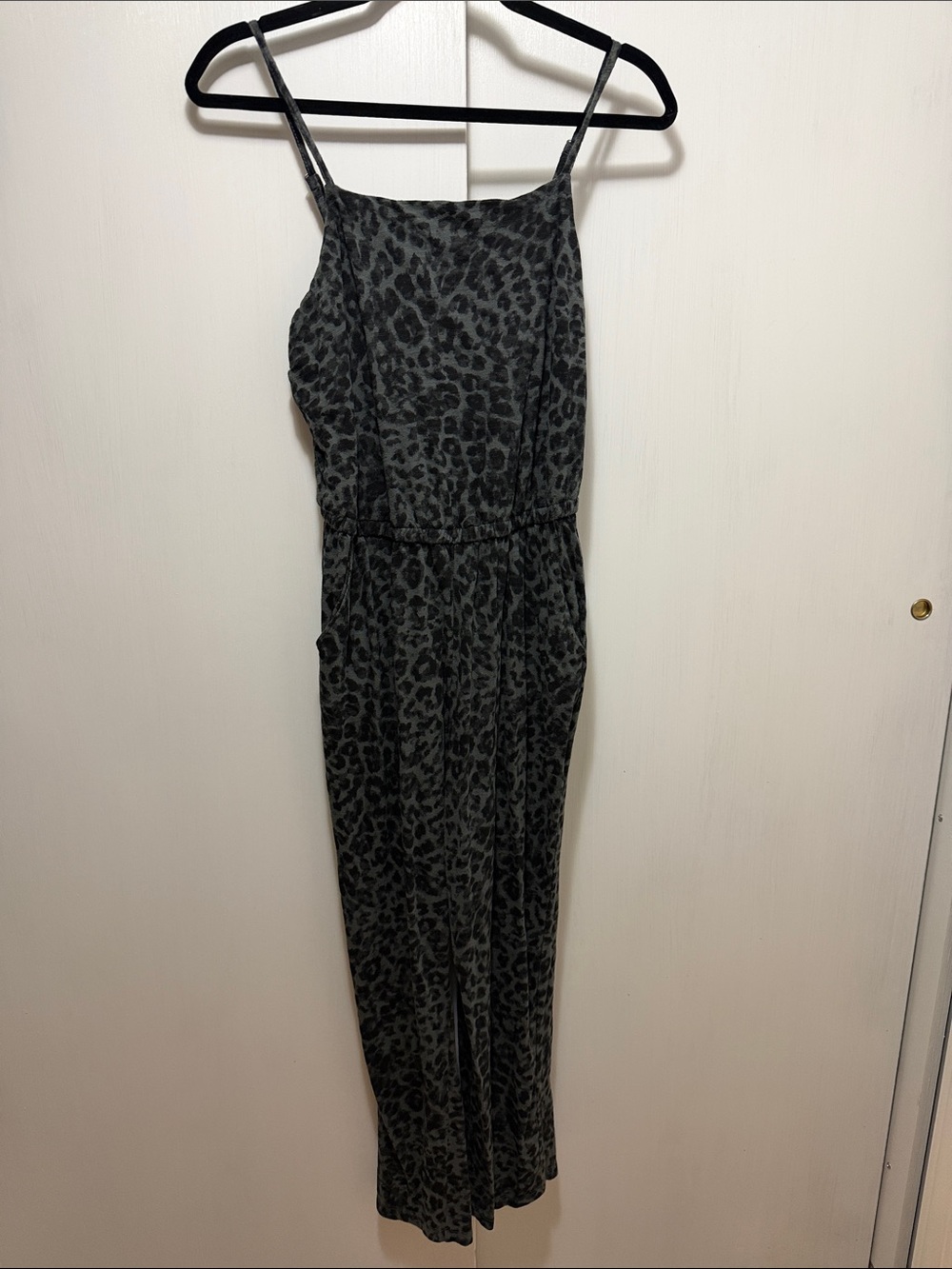 Old Navy Black and Gray Leopard-Print Spaghetti-Strap Jumpsuit